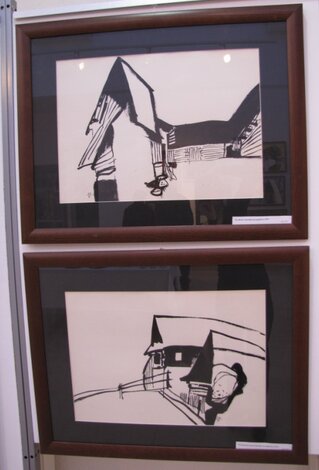 hore: Vo dvore, 1971 (kresba na papieri), dole: Na hornom konci, 1971 (kresba na papieri)